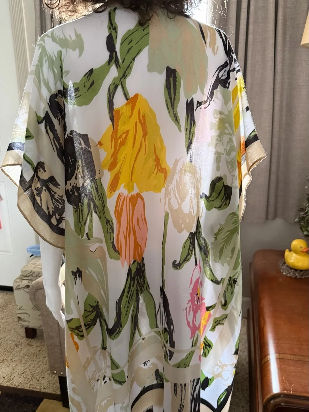 Floral Open Front Kimono in White, Green & Bright Accents